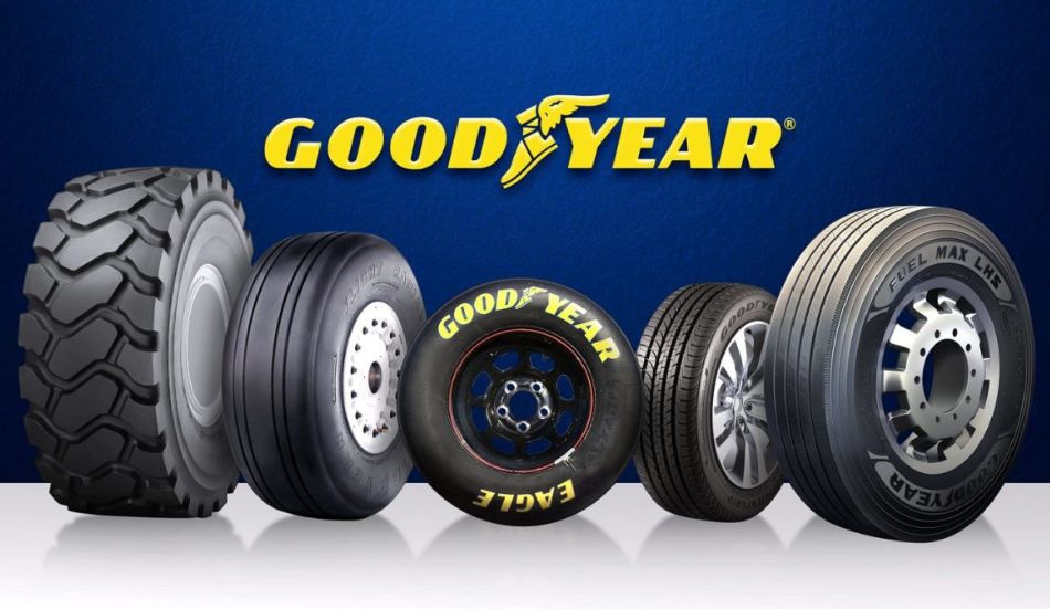 a imagem se refere a diversos pneus da marca goodyear com o fundo azul e o logotipo da marca em amarelo