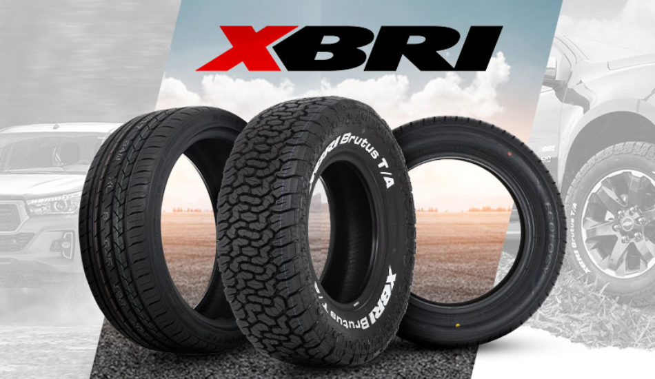 Esta imagem se refere a tres pneus da marca xbri com o logotipo da empresa